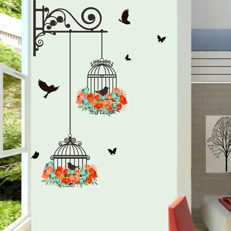 다채로운 꽃 새장 날으는 새 벽 스티커, 창의적인 홈 장식, 거실 데칼 벽지, 침실 보육 창 장식